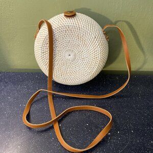Round Woven Crossbody Bag - White and Tan